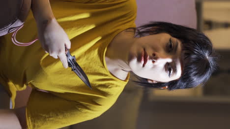 Vertical-video-of-Psycho-young-woman-holding-the-knife-to-the-camera.